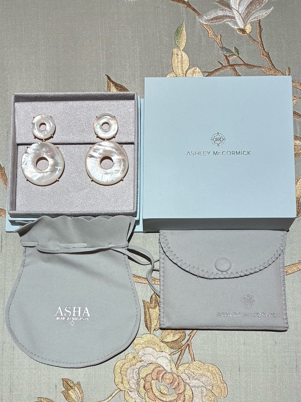 New ASHA Mother-of-Pearl Double Disc Drop Earrings in White - 14k Gold Dipped - Picture 2 of 5